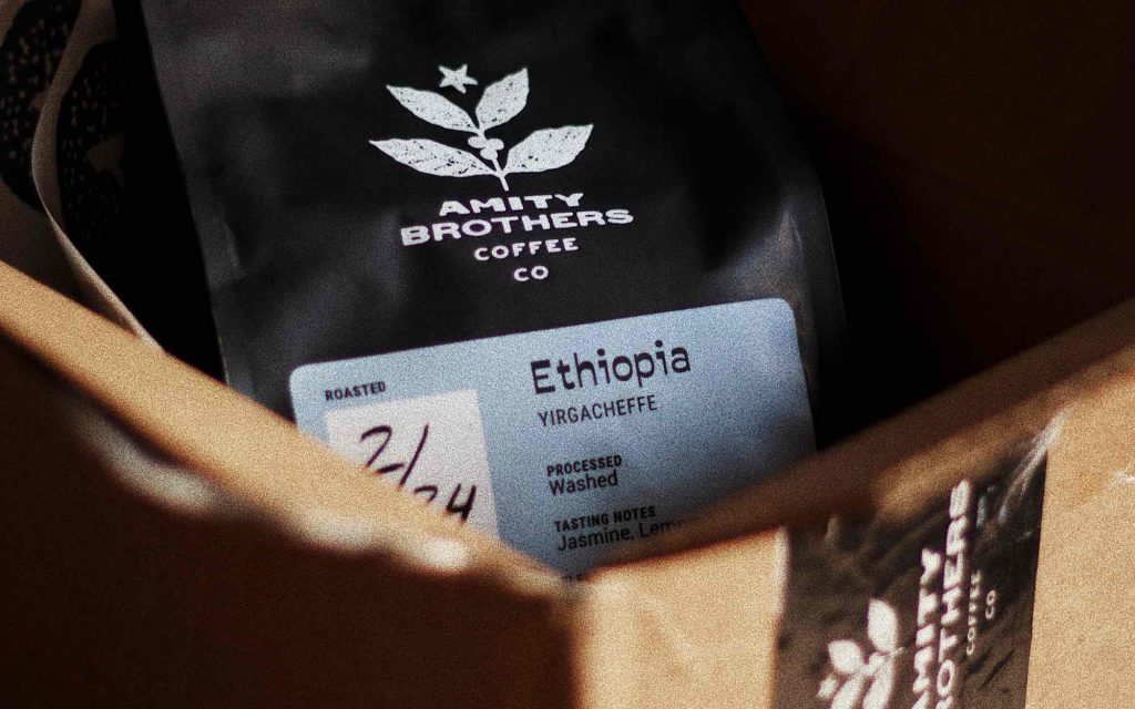 A bag of coffee at a coffee shop in the USA.